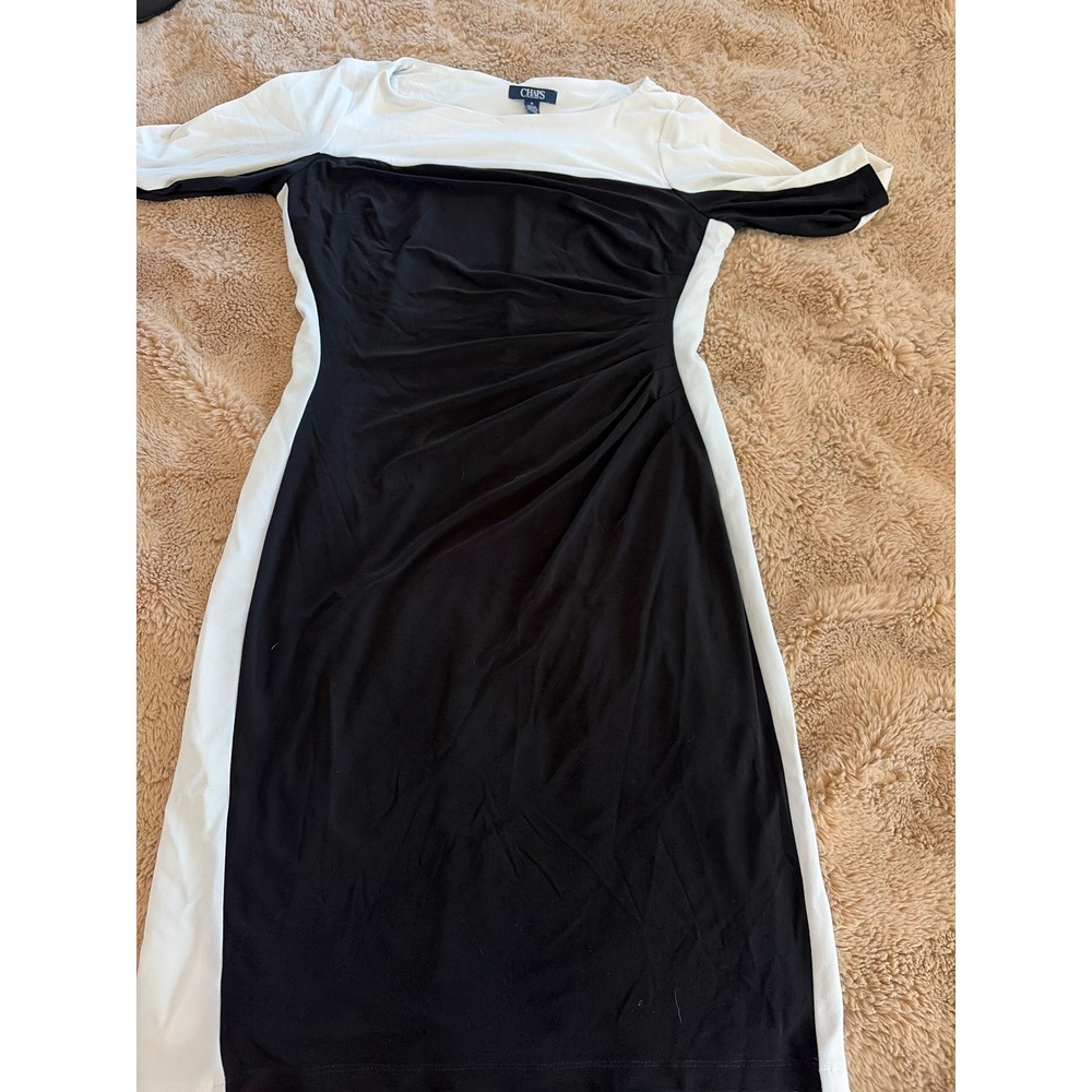 Chaps Womens Black White Colorblock Ruched Sheath Dress Size Medium Short Sleeve